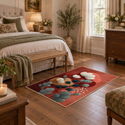 terracotta and teal balanced stone composition area rug, cozy home setting