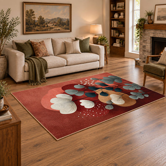 terracotta and teal balanced stone composition area rug, angled room view