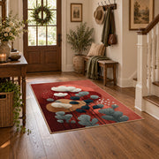 terracotta and teal balanced stone composition area rug, wood floor styling