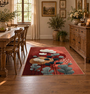 terracotta and teal balanced stone composition area rug, close decorative detail