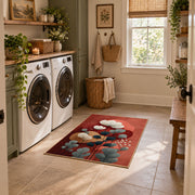 terracotta and teal balanced stone composition area rug, wide interior view