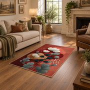 terracotta and teal balanced stone composition area rug, ornamental detail view