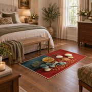 teal and orange balanced stone composition area rug, cozy home setting