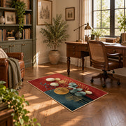 teal and orange balanced stone composition area rug, complete product view