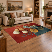 teal and orange balanced stone composition area rug, angled room view