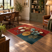 teal and orange balanced stone composition area rug, wood floor styling