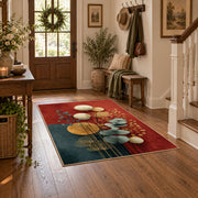 teal and orange balanced stone composition area rug, close decorative detail