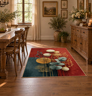teal and orange balanced stone composition area rug, front room mockup