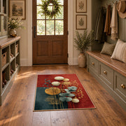 teal and orange balanced stone composition area rug, wide interior view