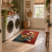 teal and orange balanced stone composition area rug, ornamental detail view