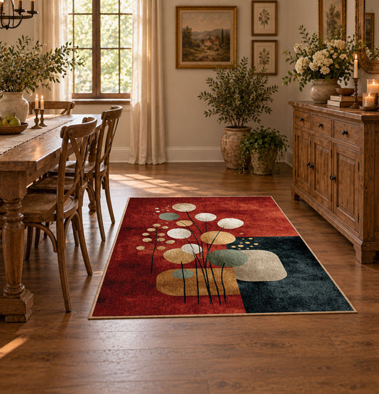 rust and cream balanced stone composition area rug, warm living room view