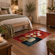 rust and cream balanced stone composition area rug, cozy home setting