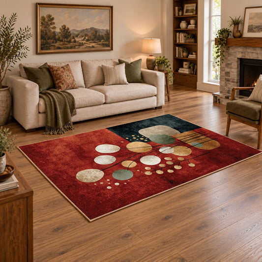 rust and cream balanced stone composition area rug, angled room view