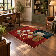 rust and cream balanced stone composition area rug, wood floor styling