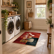 rust and cream balanced stone composition area rug, wide interior view