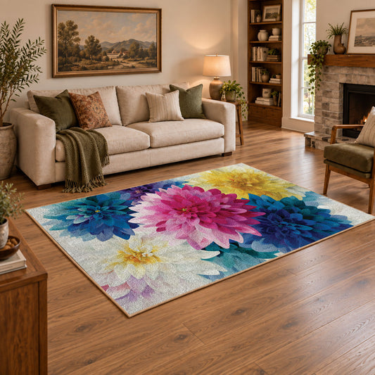 bright multicolor watercolor flower blossoms area rug, warm living room view