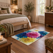 bright multicolor watercolor flower blossoms area rug, cozy home setting