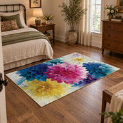 bright multicolor watercolor flower blossoms area rug, full pattern view