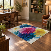 bright multicolor watercolor flower blossoms area rug, soft surface detail
