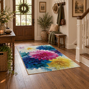 bright multicolor watercolor flower blossoms area rug, wood floor styling