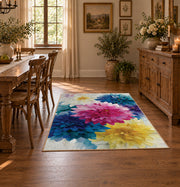 bright multicolor watercolor flower blossoms area rug, close decorative detail