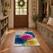 bright multicolor watercolor flower blossoms area rug, front room mockup