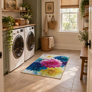 bright multicolor watercolor flower blossoms area rug, wide interior view