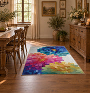 bright multicolor watercolor flower blossom area rug, warm living room view