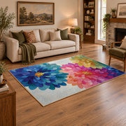 bright multicolor watercolor flower blossom area rug, angled room view