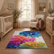 bright multicolor watercolor flower blossom area rug, full pattern view