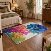 bright multicolor watercolor flower blossom area rug, soft surface detail