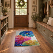 bright multicolor watercolor flower blossom area rug, front room mockup