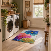 bright multicolor watercolor flower blossom area rug, wide interior view