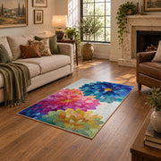 bright multicolor watercolor flower blossom area rug, ornamental detail view