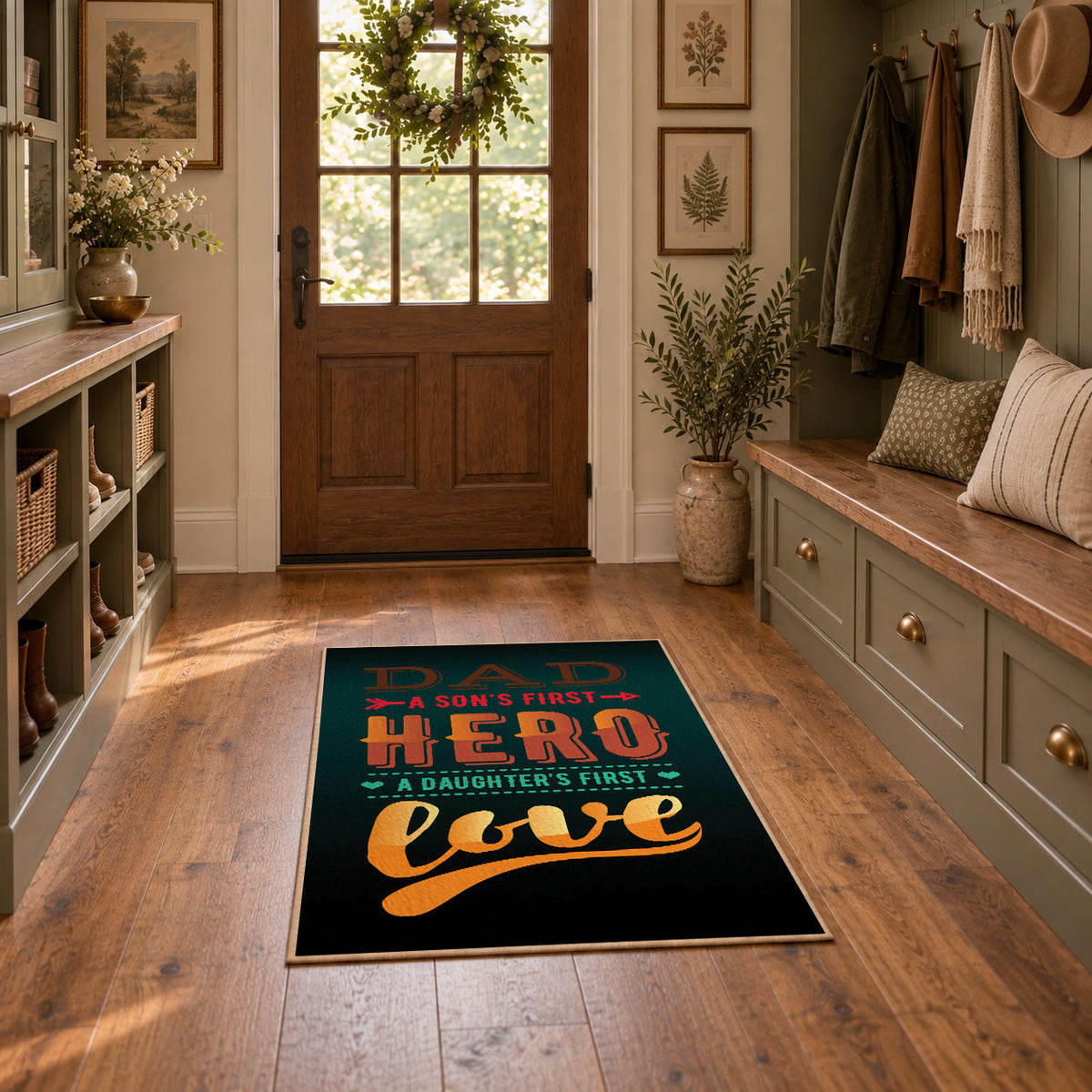 black and orange retro coffee typography area rug, warm living room view