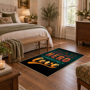 black and orange retro coffee typography area rug, cozy home setting