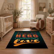 black and orange retro coffee typography area rug, full pattern view
