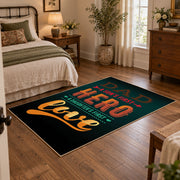 black and orange retro coffee typography area rug, soft surface detail