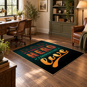 black and orange retro coffee typography area rug, wood floor styling