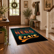 black and orange retro coffee typography area rug, close decorative detail