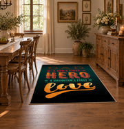 black and orange retro coffee typography area rug, front room mockup