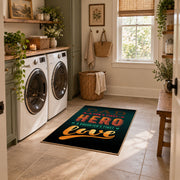 black and orange retro coffee typography area rug, wide interior view