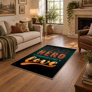 black and orange retro coffee typography area rug, ornamental detail view