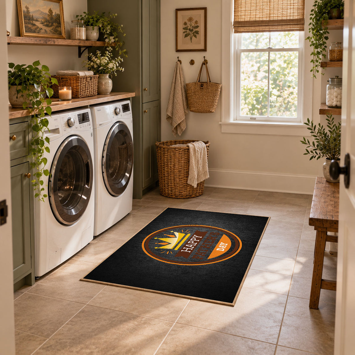 black and orange vintage sports badge design area rug, warm living room view