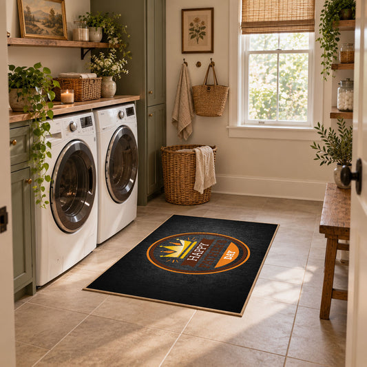 black and orange vintage sports badge design area rug, warm living room view
