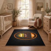 black and orange vintage sports badge design area rug, full pattern view