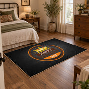 black and orange vintage sports badge design area rug, soft surface detail
