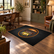 black and orange vintage sports badge design area rug, wood floor styling