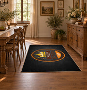 black and orange vintage sports badge design area rug, front room mockup