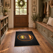 black and orange vintage sports badge design area rug, wide interior view